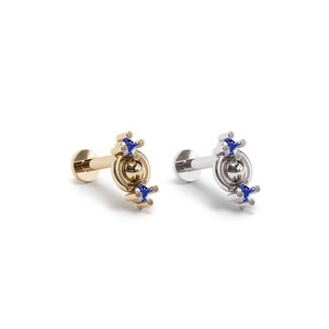 Tiny Sapphire Stud, 16G Small Gold Stud, 14K Gold Tragus Labret Stud, Sapphire Stud Earring, Solid Gold Flat Back Helix, Sapphire Piercing