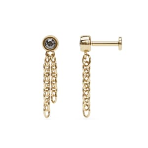 Black Diamond Chain Dangle Stud, 14K Gold Labret Internally Threaded, Bezel-Set Diamond, Drape Chain Earring, Cartilage Chain Piercing