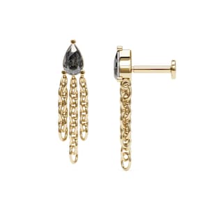Pear-Shape Diamond Stud 0.25 Carat, 14K Gold Chain Dangle Earring, Internally Threaded, Drape Chain Stud Earring, Cartilage Chain Piercing