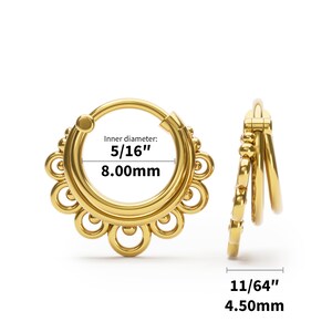 May include: Gold hoop earrings with a decorative design. The inner diameter is 5/16" (8.00mm) and the outer diameter is 11/64" (4.50mm).