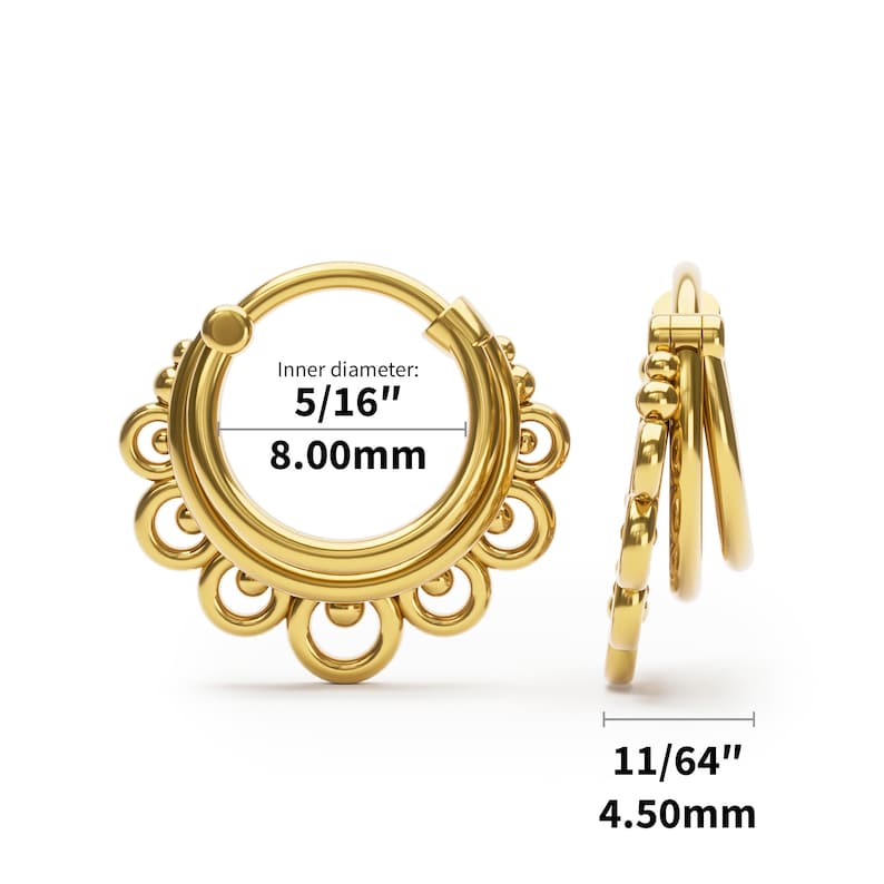 May include: Gold hoop earrings with a decorative design. The inner diameter is 5/16" (8.00mm) and the outer diameter is 11/64" (4.50mm).