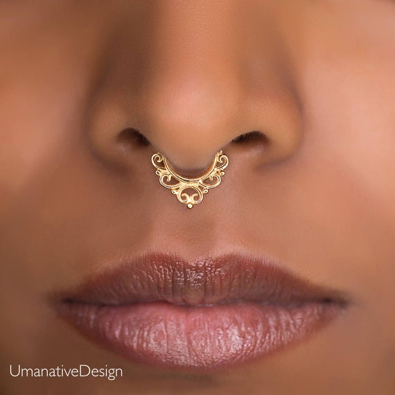 Handmade Piercing Jewelry Tiny Gold Fake Septum Nose Ring 18g Indian Faux Gold Plated Brass Clip On Non Pierced Septum Hoop 
