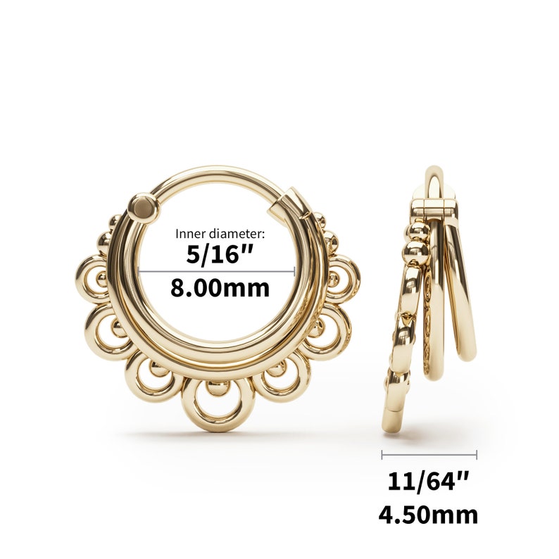 May include: Gold hoop earrings with a decorative design. The inner diameter of the hoop is 5/16 inches or 8.00 mm. The earrings are 11/64 inches or 4.50 mm wide.