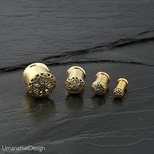 Flower Gauges, Gold Gauges, Plugs and Tunnels, Tunnel Plugs, Flower Mandala Ear Tunnels, Gauges Plug Earrings,  6g, 4g, 2g, 0g, 00g, 1/2&quot;