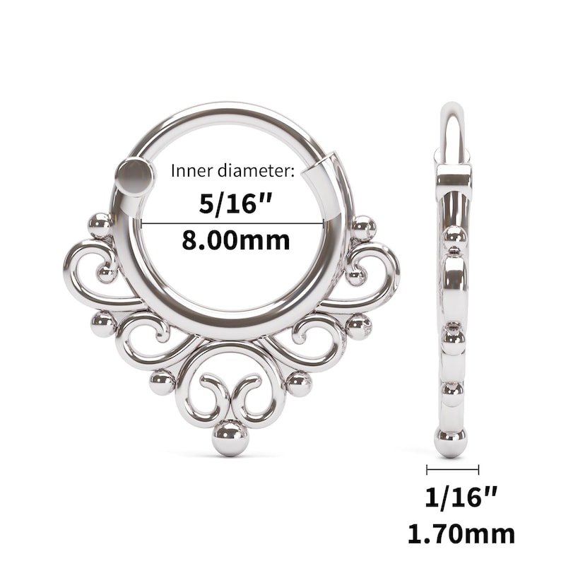 K&ouml;nnte beinhalten: Silberne Creolen mit einem dekorativen Filigranmuster. Der Innendurchmesser des Kreises betr&auml;gt 5/16 Zoll oder 8,00 mm. Die Ohrringe sind 1/16 Zoll oder 1,70 mm dick.