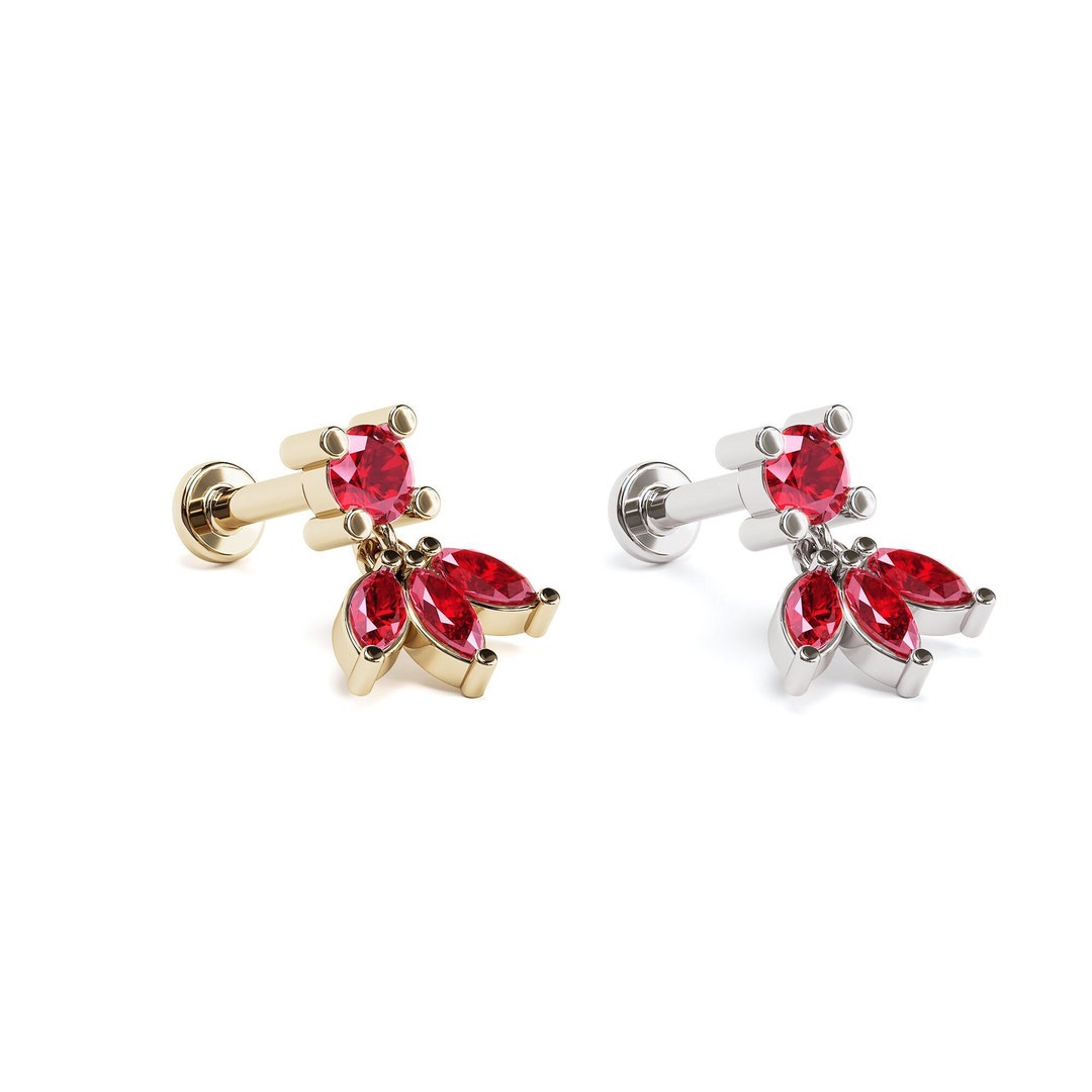 Marquise Ruby Dangle Labret Stud, 16G Lotus Ruby Stud, 14K Gold ...