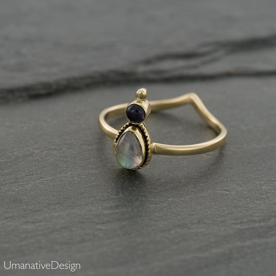 Gold Gemstone Ring. Rainbow Moonstone Ring Gold. Gold Ring. Rainbow Moonstone &  Iolite Ring. Oval Gemstone Ring