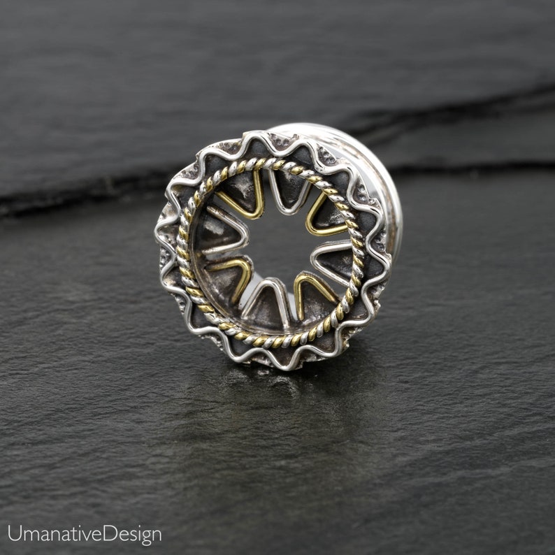 Plugs And Tunnels 0 Gauge Earrings 8mm Ear plugs Sterling Silver and Gold Tunnels Ear Tunnels Ear Gauges