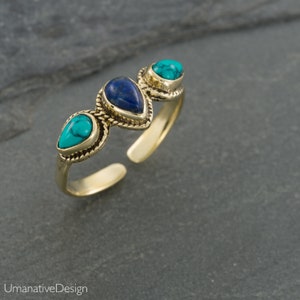 Lapis Lazuli Turquoise Gold Ring. Blue Gemstone Oval Ring. Adjustable Ring. Gold Ring. Gemstone Setting.  Brass Multistone Rings