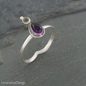 Amethyst Ring Silver. Natural Amethyst. Amethyst Jewelry. Sterling Silver Gemstone Ring. Green Peridot & Amethyst Silver Ring