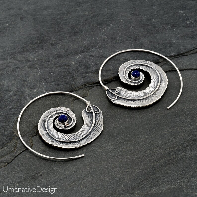 Birthstone Earrings Indian Earrings Lapis Lazuli Jewelry Silver Spiral Earrings Hoop Earrings Lapis Earrings