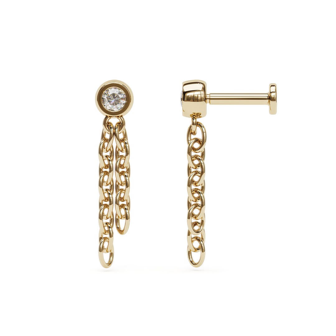 Diamond Chain Dangle Stud, 14K Gold Labret Internally Threaded, Lab ...