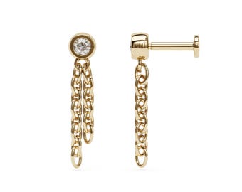 Diamond Chain Dangle Stud, 14K Gold Labret Internally Threaded, Lab Grown or Natural Diamond, Drape Chain Earring, Cartilage Chain Piercing