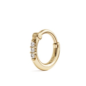 Minimalist Diamond Cartilage Earring, Triple Diamond Hoop, Helix Earring, 14K Gold Clicker Hoop