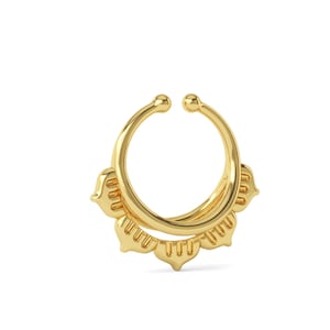 May include: A gold-coloured nose ring with a floral design. The ring has a circular shape with a decorative element at the bottom. The design features three petal-like shapes with detailed lines. The nose ring is made of a shiny, metallic material.