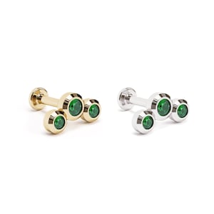 Bezel Set Emerald Helix Stud, Trinity Emerald Stud, 14K Gold Labret Stud, Emerald Piercing, Trio Emerald Stud, Curved Cartilage Stud Earring