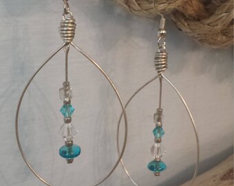 Silver Tear-Drop Earrings w/ Flat Teal Glass Beads & Clear / Teal Swarovski Crystals