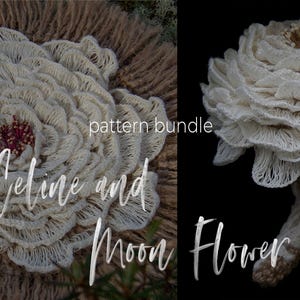 Puede incluir: Un paquete de patrones titulado Celine and Moon Flower que presenta dos flores de arte textil de color crema. La imagen de la izquierda muestra un diseño floral plano, circular y con flecos con un centro oscuro, mientras que la derecha muestra una flor 3D.