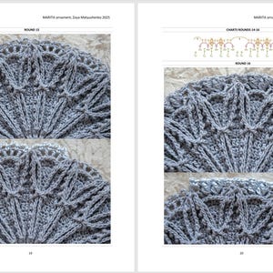 Puede incluir: Dos p&aacute;ginas de un libro con un dise&ntilde;o de ganchillo gris detallado. El dise&ntilde;o es circular con un patr&oacute;n en forma de abanico. El texto "MARITA ornament, Zoya Matyushenko 2025" es visible en la parte superior de cada p&aacute;gina. Las p&aacute;ginas tambi&eacute;n incluyen diagramas.