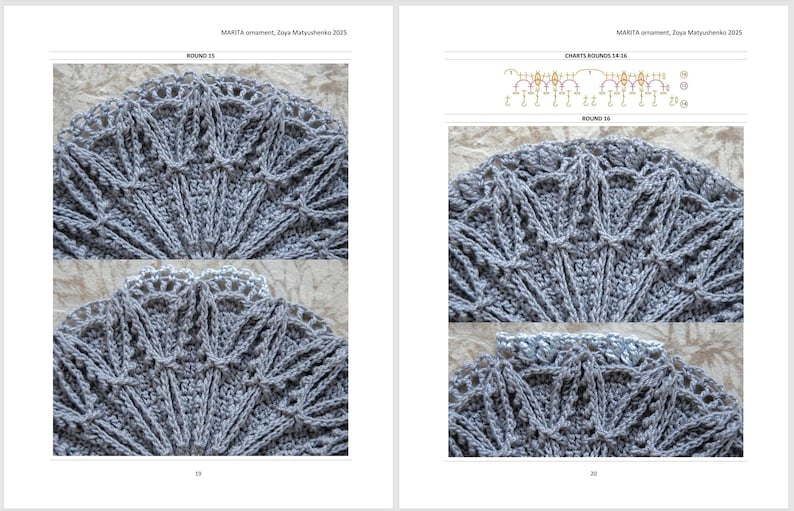 Puede incluir: Dos p&aacute;ginas de un libro con un dise&ntilde;o de ganchillo gris detallado. El dise&ntilde;o es circular con un patr&oacute;n en forma de abanico. El texto "MARITA ornament, Zoya Matyushenko 2025" es visible en la parte superior de cada p&aacute;gina. Las p&aacute;ginas tambi&eacute;n incluyen diagramas.