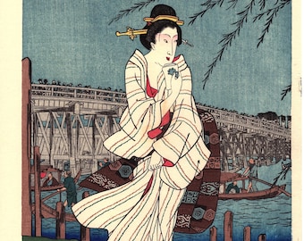 Japanese Ukiyoe, Woodblock print, Hiroshige, "Ryogoku yu-suzumi"