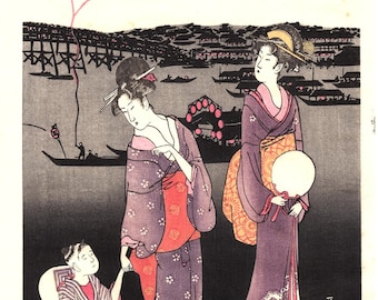 Japanese Ukiyoe, Woodblock print, Utamaro, "Enjoying the Evening Cool on the Banks of Sumida River" 2