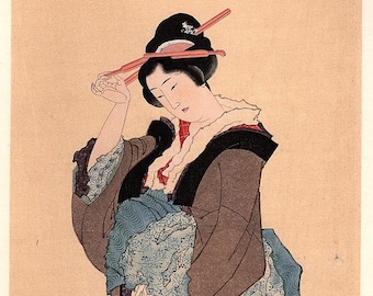 1906, Japanese antique woodblock print, Hokusai Katsushika, "A Beauty After Bathing", from Ukiyoe-ha-gashu.