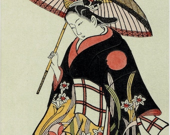 Japanese Ukiyo-e Woodblock print, Torii Kiyotada, "Woman With Umbrella"