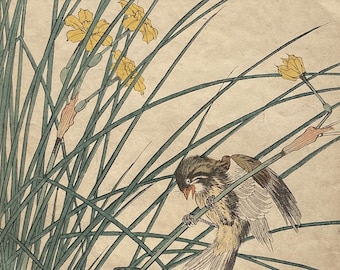 May include: A vintage Japanese woodblock print depicting a small bird perched on a stalk of grass. The bird is brown and white with a yellow beak. The grass is green and the background is a light beige. The print is titled "No. 30" in the upper right corner.