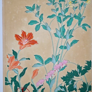 日本のアンティーク木版画、1930年、俵屋宗達「琳派百花図鑑 梵字