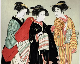 Japanese Ukiyo-e Woodblock print, Kitao Shigemasa, "Geisha And Attendants"
