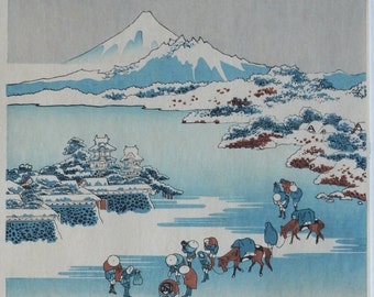 Japanese Ukiyo-e Woodblock print, Hokusai, "Crossing the Ice on Lake Suwa in Shinano Province"