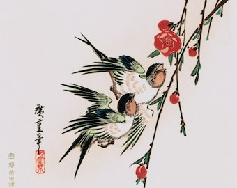 日本の浮世絵版画、安藤広重「花鳥風月図」ツバメと桃の花