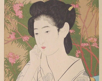 Japanese Ukiyoe, Shin-hanga, Woodblock print, antique, Hashiguchi Goyo, "Woman Standing Before a Blossoming Peach Tree"