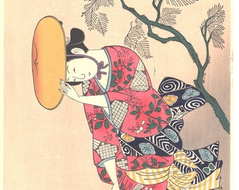 Japanese Ukiyo-e Woodblock print, Ishikawa Toyonobu, "Beauty in the Wind"