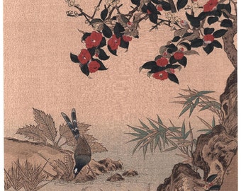 1923, Japanese vintage Woodblock print, Wang Jeshui, "Crimson Camellias"