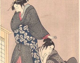 Japanese Ukiyo-e Woodblock print, Utamaro, "Beauty with young man"