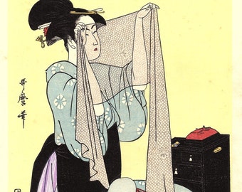 Japanese Ukiyoe, Woodblock print, antique, Utamaro, "Needlework"