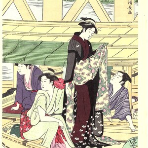 ese Ukiyoe, Woodblock print, antique, Kiyonaga, A Boating Party under Azuma Bridge 3 image 1