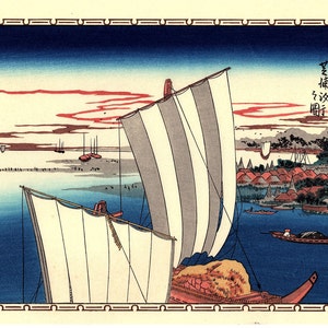 Japanese Ukiyoe, Woodblock print, antique, Hiroshige, Shell Gathering at Shibaura image 1