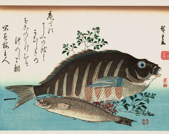 Japanese Ukiyoe, Woodblock print, antique, Hiroshige, "Striped Sea Bream, Rock Trout & Nandina".