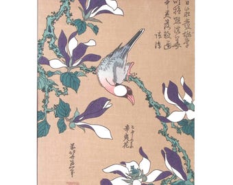 日本の浮世絵、木版画、葛飾北斎、「木蓮に文鳥」 - Etsy 日本