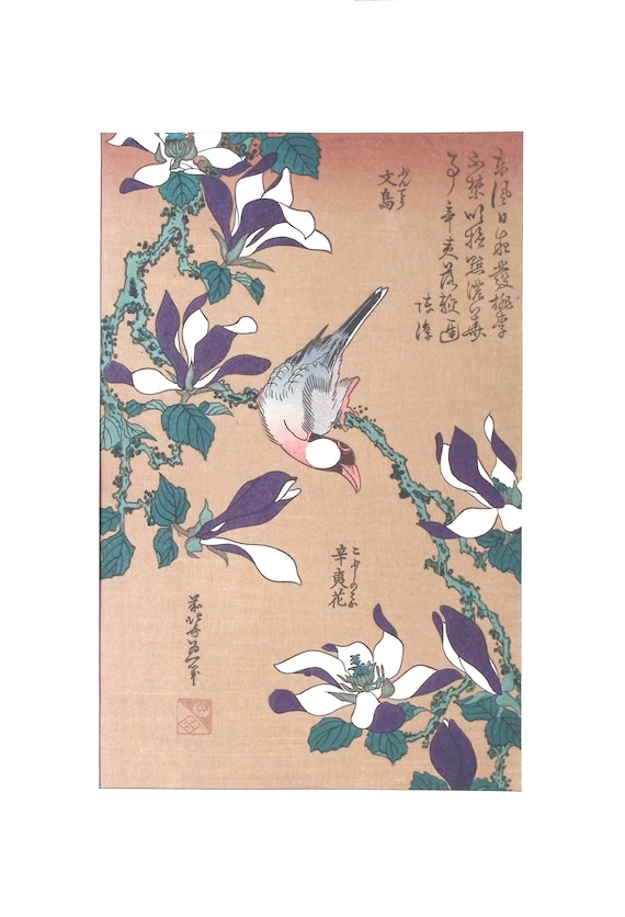 日本の浮世絵、木版画、葛飾北斎、「木蓮に文鳥」 - Etsy 日本