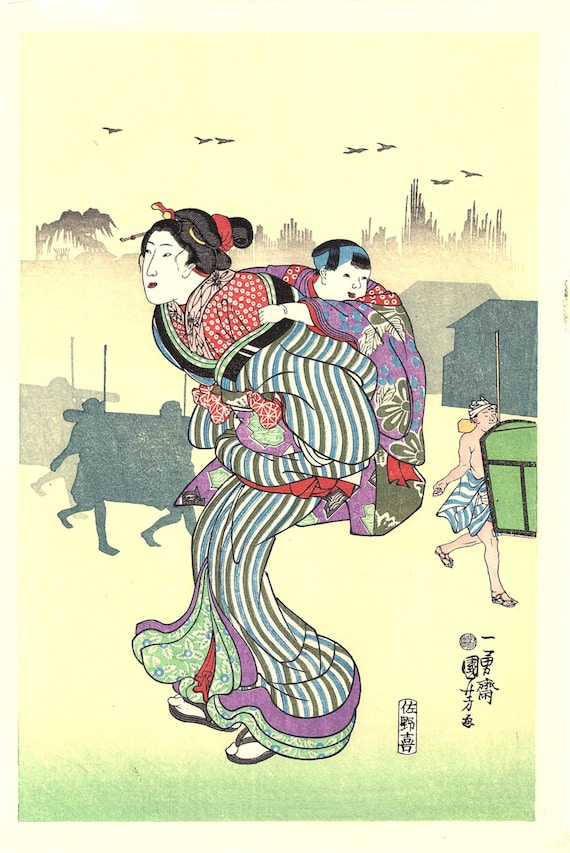 日本の浮世絵、木版画、国芳「駒形の朝霧」1 - Etsy 日本