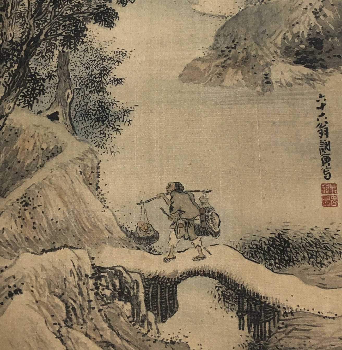 1909年、日本の古木版画、与謝蕪村「渓村晩露、秋林伐木図双福