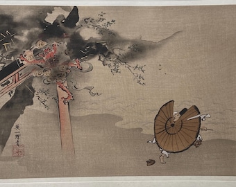 きたのじゅんこ【風が吹く時】lithograph 1906, Japanese Antique Woodblock Print, Hanabusa Itcho, 