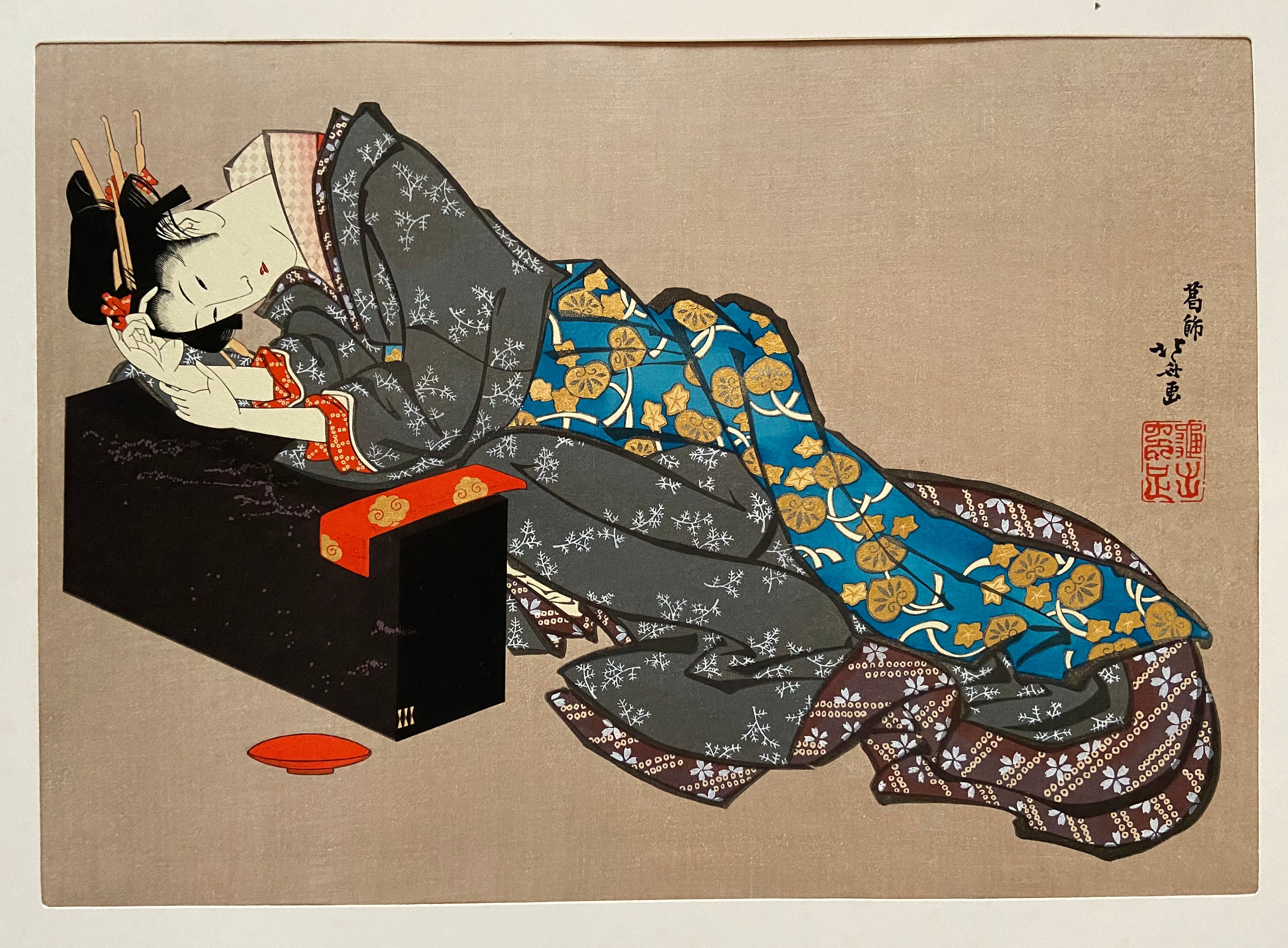 日本の浮世絵スタイルアート大判 日本の浮世絵、木版画、大判、葛飾北斎、「物思いにふける酔っ払いの鐘