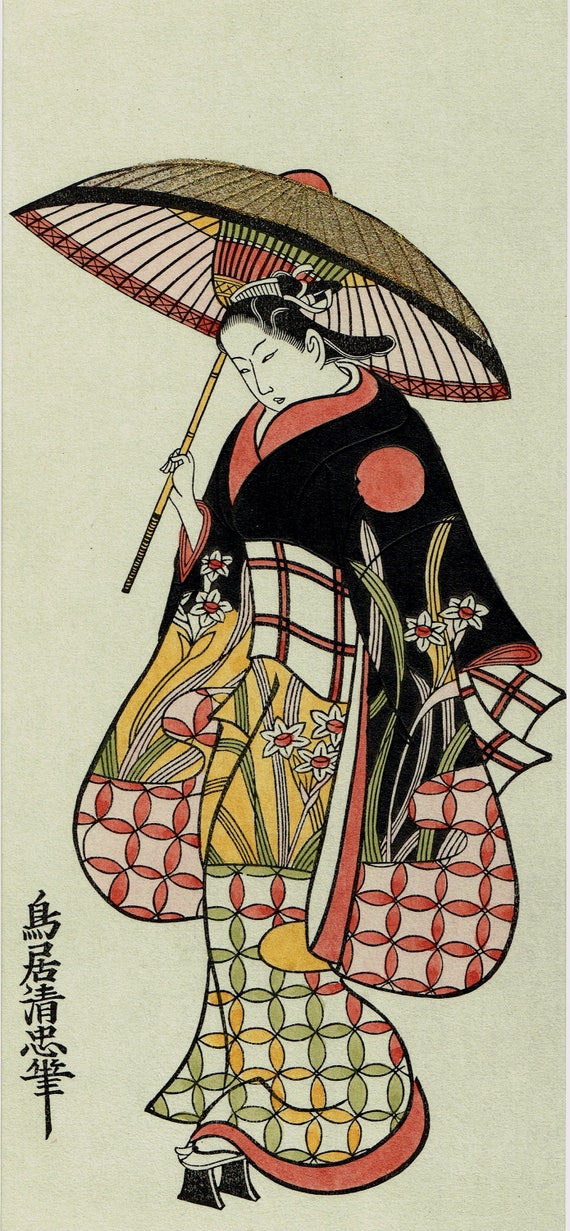 日本の浮世絵版画、鳥居清忠「傘を差す女」 - Etsy 日本