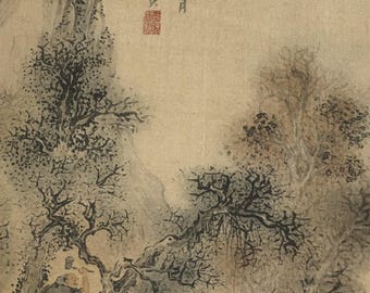 1909年、日本の古木版画、与謝蕪村「渓村晩露、秋林伐木図双福