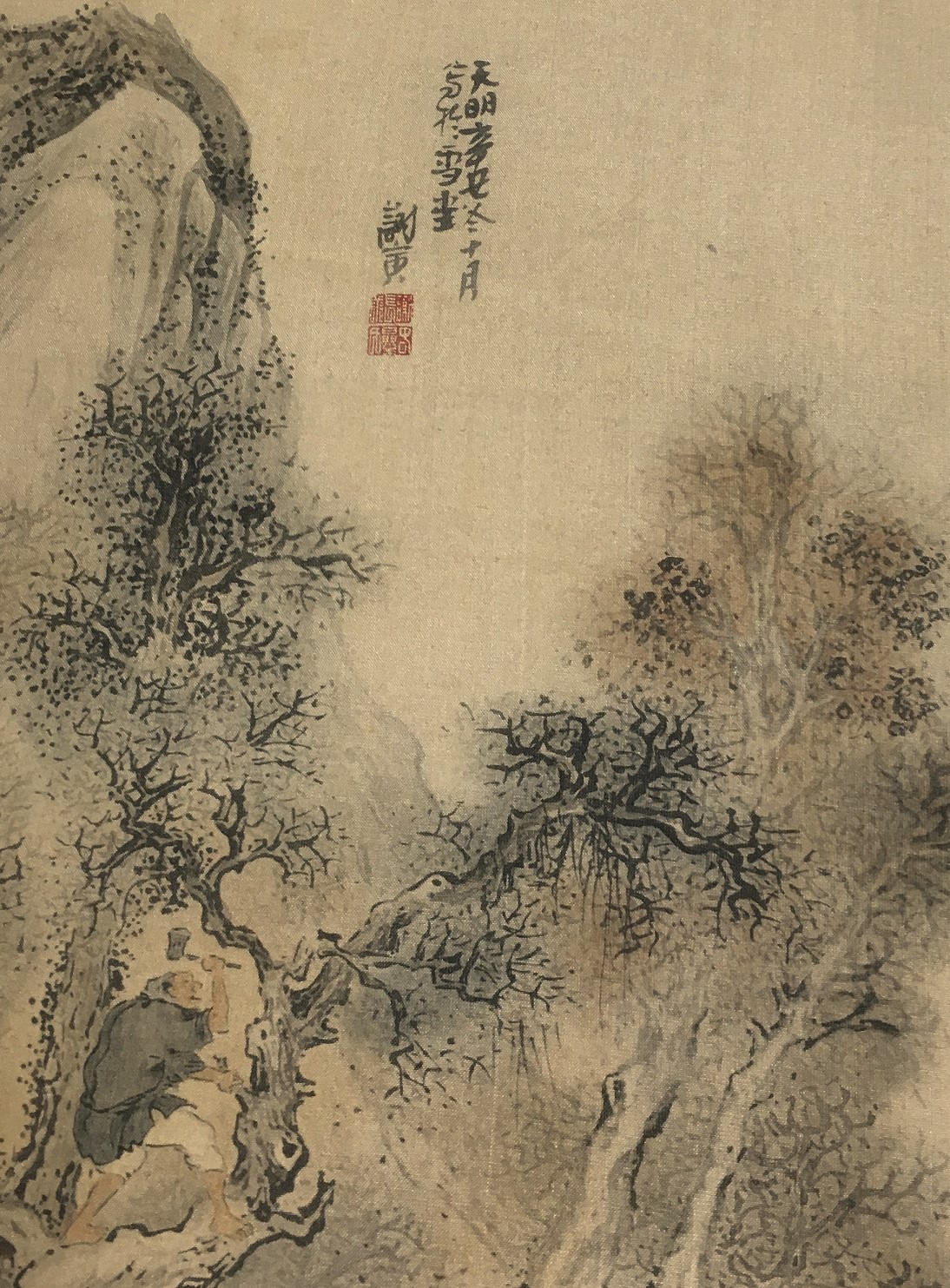 1909年、日本の古木版画、与謝蕪村「渓村晩露、秋林伐木図双福